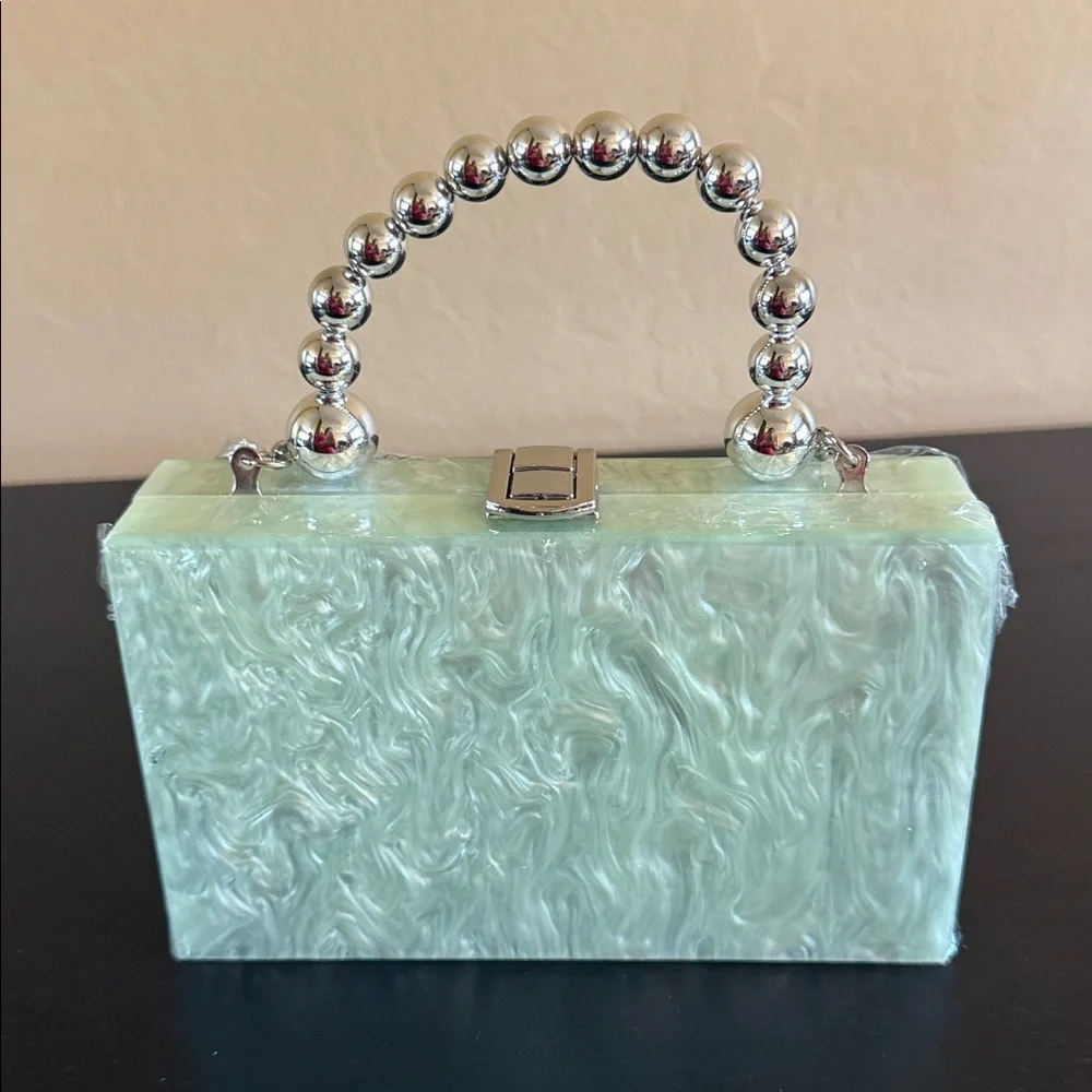 ASOS DESIGN marble resin clutch/ crossbody silver tone beaded handle Mint NEW